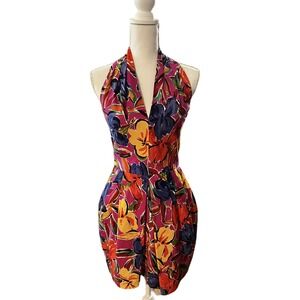 A.J. Bari Vintage 80s 90s Colorful Floral Open Back Dress Size 6